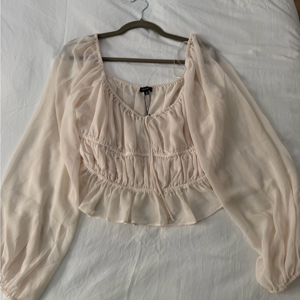 Dynamite Sheer Smocked Peplum Blouse - Light Beige